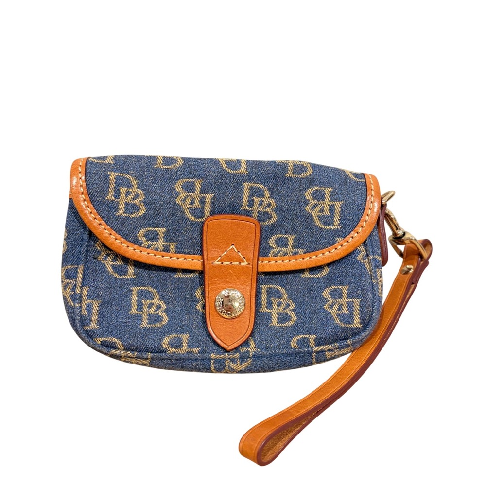 Dooney & Bourke VTG Denim Monogram Wristlet Blue Tan Leather Trim DB Logo Clutch